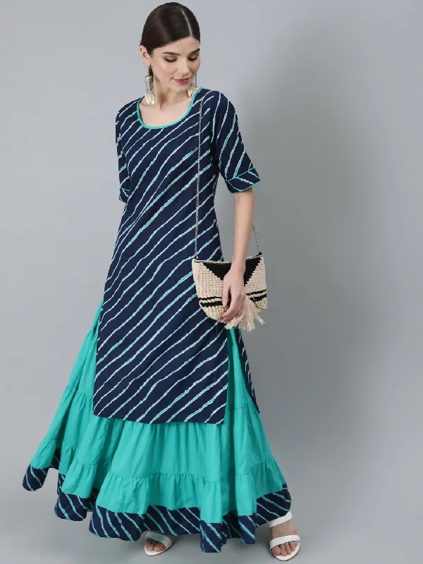Women's Blue Leheriya Print Kurta With Tiered Skirt - Aks belted skirt waist