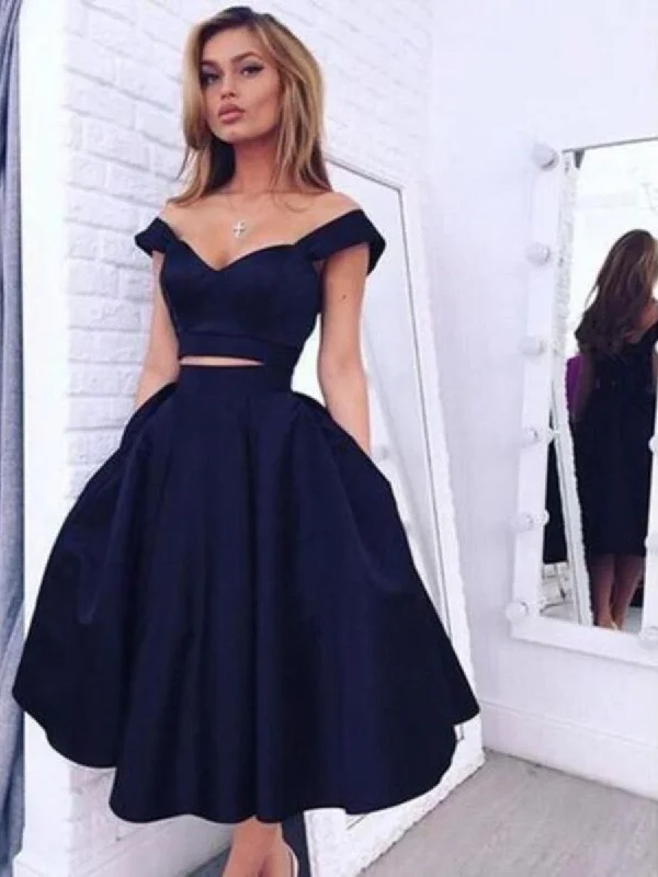 Custom Made 2 Pieces Off Shoulder Short Navy Blue Prom Dresses, Short Navy Blue Graduation Dresses, Homecoming Dresses Tunics Party sparkling Custom Made 2 Pieces Off Shoulder Short Navy Blue Prom Dresses, Short Navy Blue Graduation Dresses, Homecoming Dresses Tunics Party sparkling