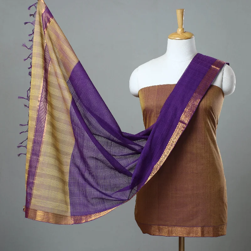 Brown - 3pc Handloom Cotton Mangalagiri Dress Material 26 Tunics Chic elegant