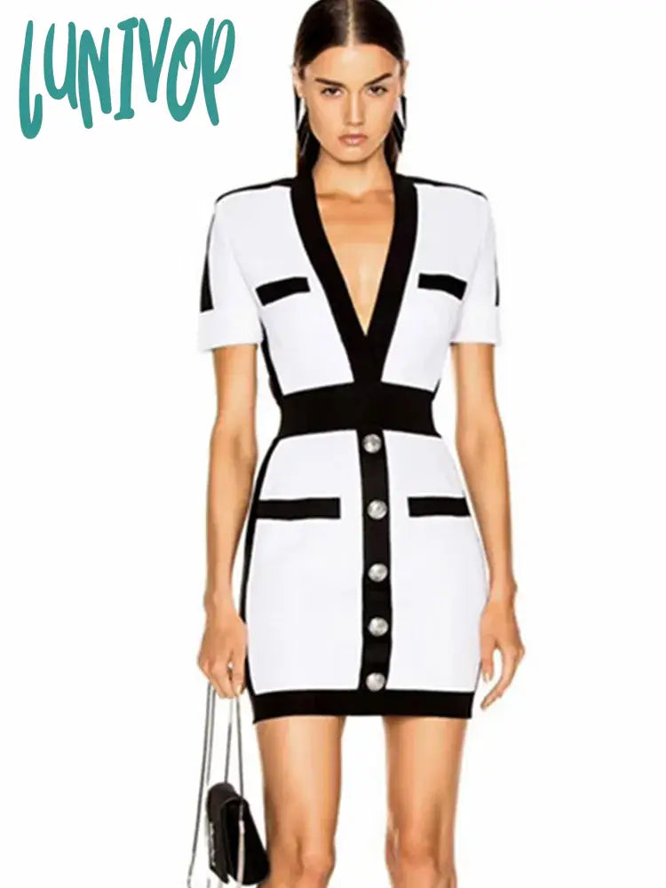 Lunivop  Sexy V Neck Patchwork Mini Women Bandage Dress Fashion Party Dress Vestido Tunics Solid Classic