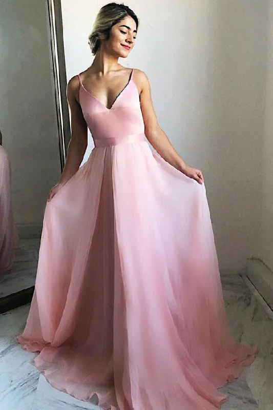 Flowing A-Line V-Neck Sweep Train Pink Chiffon Prom Party Dress PG682 Boat Neckline Classic Flowing A-Line V-Neck Sweep Train Pink Chiffon Prom Party Dress PG682 Boat Neckline Classic