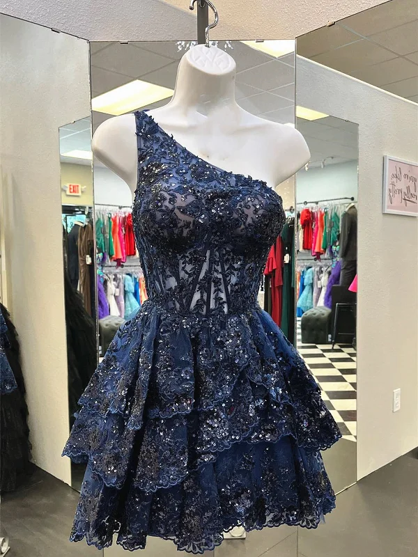 One Shoulder Short Navy Blue Lace Prom Dresses, One Shoulder Short Navy Blue Formal Homecoming Dresses Tunics Chic fashionable One Shoulder Short Navy Blue Lace Prom Dresses, One Shoulder Short Navy Blue Formal Homecoming Dresses Tunics Chic fashionable