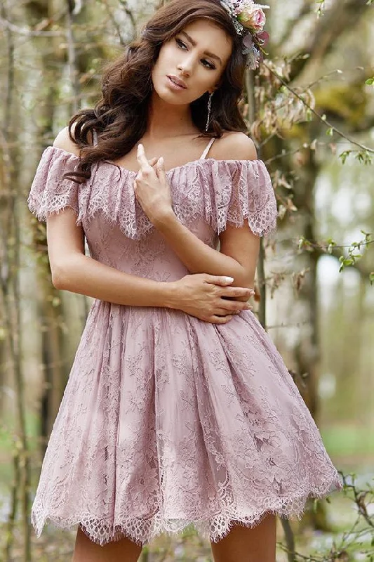 A-Line Cold Shoulder Purple Lace Homecoming Party Dress with Ruffles Prom Dresses Tunics Short Trendy A-Line Cold Shoulder Purple Lace Homecoming Party Dress with Ruffles Prom Dresses Tunics Short Trendy