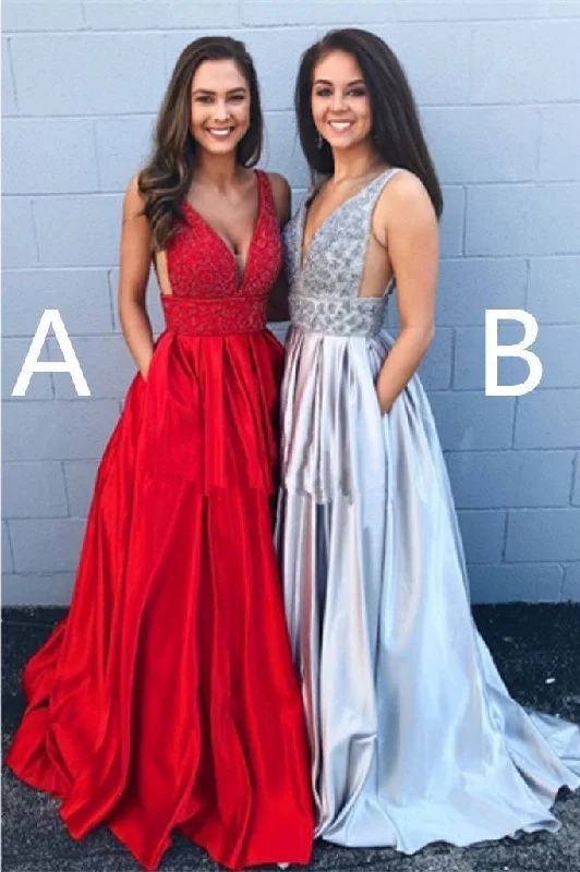 A-line Deep V Neck Beads Red Backless Long Prom Dresses With Pockets Party Dress Tunics Favorite customer A-line Deep V Neck Beads Red Backless Long Prom Dresses With Pockets Party Dress Tunics Favorite customer