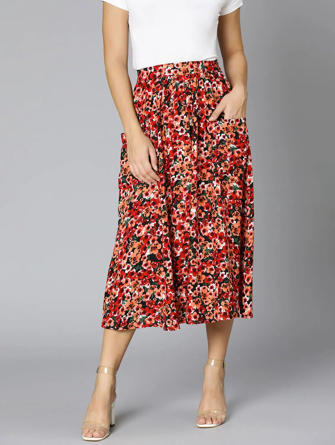 Gagggle Red Floral Print Elasticated Women Skirt pleated skirt texture