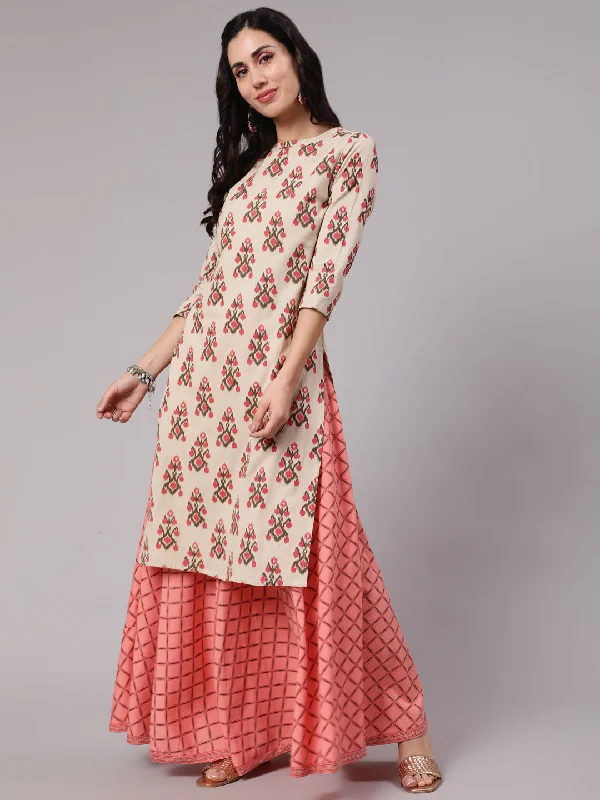 Women's Cream & Peach Ikat Printed Kurta With Skirt Set - Aks velvet skirt plush