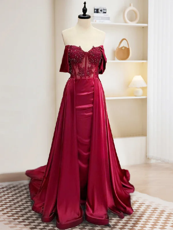 Burgundy A-Line Off Shoulder Satin Lace Long Prom Dress, Burgundy Long Formal Dress Tunics Designer luxury Burgundy A-Line Off Shoulder Satin Lace Long Prom Dress, Burgundy Long Formal Dress Tunics Designer luxury