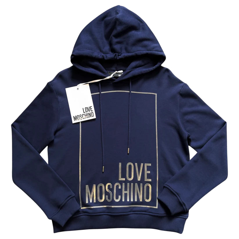 LOVE MOSCHINO LOGO HOODIE - BLUE Hoodie with Double Zipper Versatile Adjustable