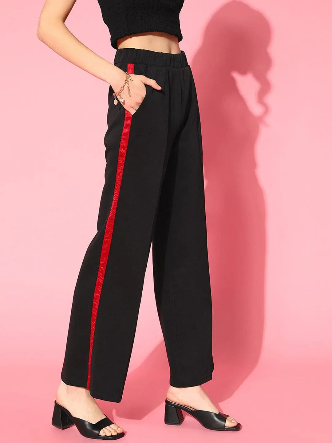 Women Black Scuba Wide Side Tape Pants Comfy Zip-Up Pants