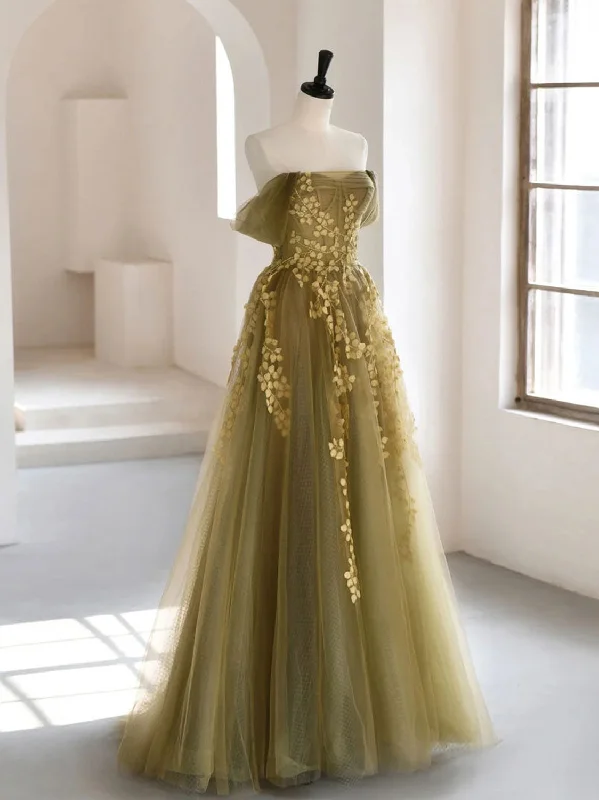 A-Line Off Shoulder Tulle Lace Long Prom Dress, Green Tulle Formal Evening Dress Tunics Stylish elegant A-Line Off Shoulder Tulle Lace Long Prom Dress, Green Tulle Formal Evening Dress Tunics Stylish elegant