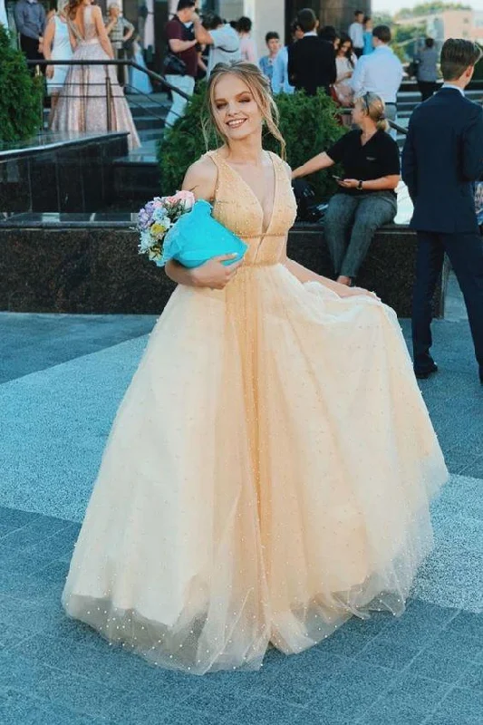 Elegant A-Line V Neck Tulle Long Prom Dress with Pearls Evening Party Dress OKZ60 Tunics Top Casual Elegant A-Line V Neck Tulle Long Prom Dress with Pearls Evening Party Dress OKZ60 Tunics Top Casual