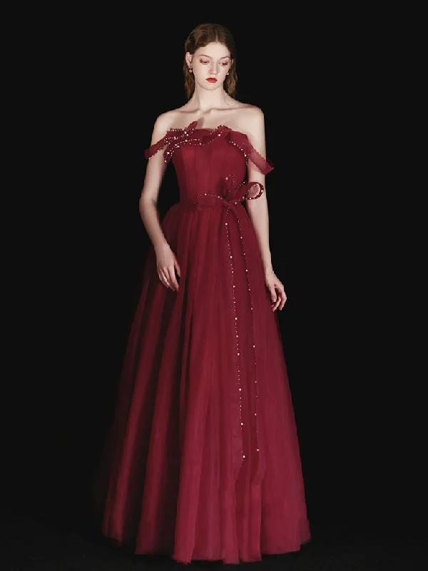 A-Line Tulle Beads Burgundy Long Prom Dress, Burgundy Long Evening Dress sweetheart Neckline Romantic A-Line Tulle Beads Burgundy Long Prom Dress, Burgundy Long Evening Dress sweetheart Neckline Romantic