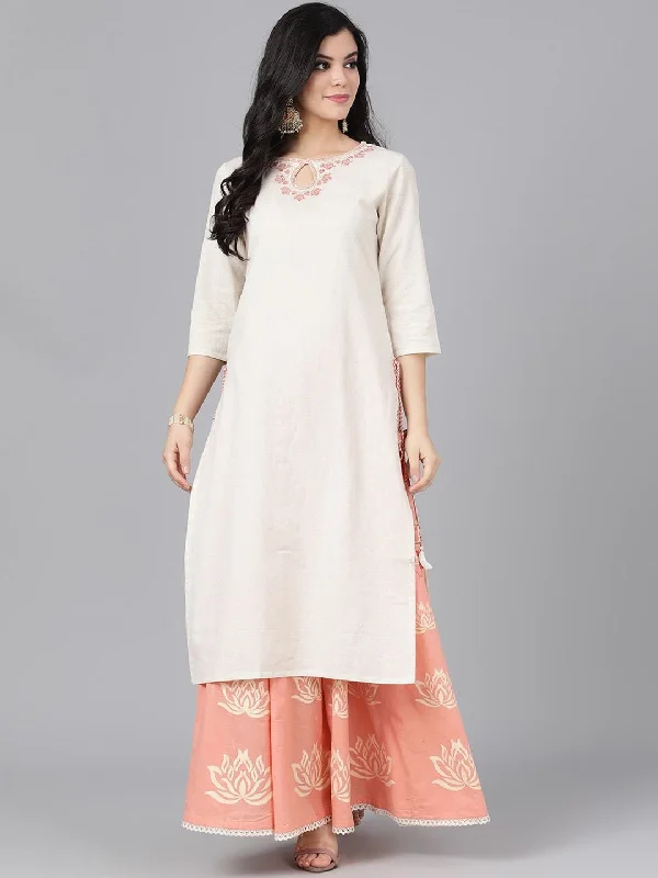Women's Off-White & Peach-Coloured Yoke Design Kurta with Skirt - AKS lace skirt intricate Women's Off-White & Peach-Coloured Yoke Design Kurta with Skirt - AKS lace skirt intricate
