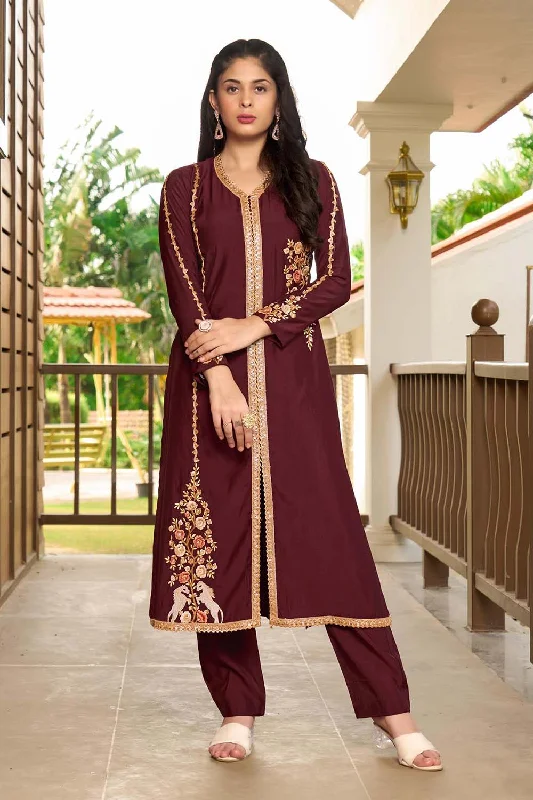 Dark Maroon Hand Embroidery Art Silk A Line Pants Kurta Set Trendy Velvet Pants