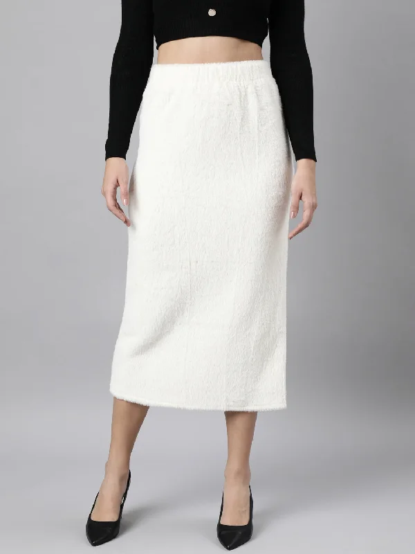 Women Solid Pencil Cream Midi Skirt-951-Cream a-line skirt cut