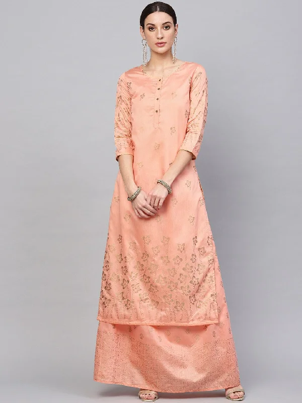 Women's Peach Gold Printed Kurta With Skirt - Aks lace skirt delicate