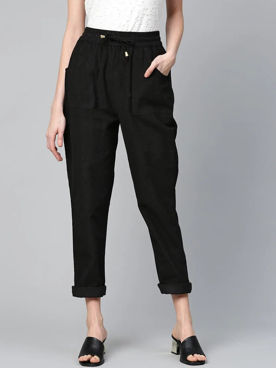 Black Corduroy Street Style Drawstring Pants Stylish Casual Pants