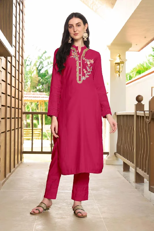 Pink Hand Embroidery Art Silk Straight Cut Pants Kurta Set Chic Checkered Pants