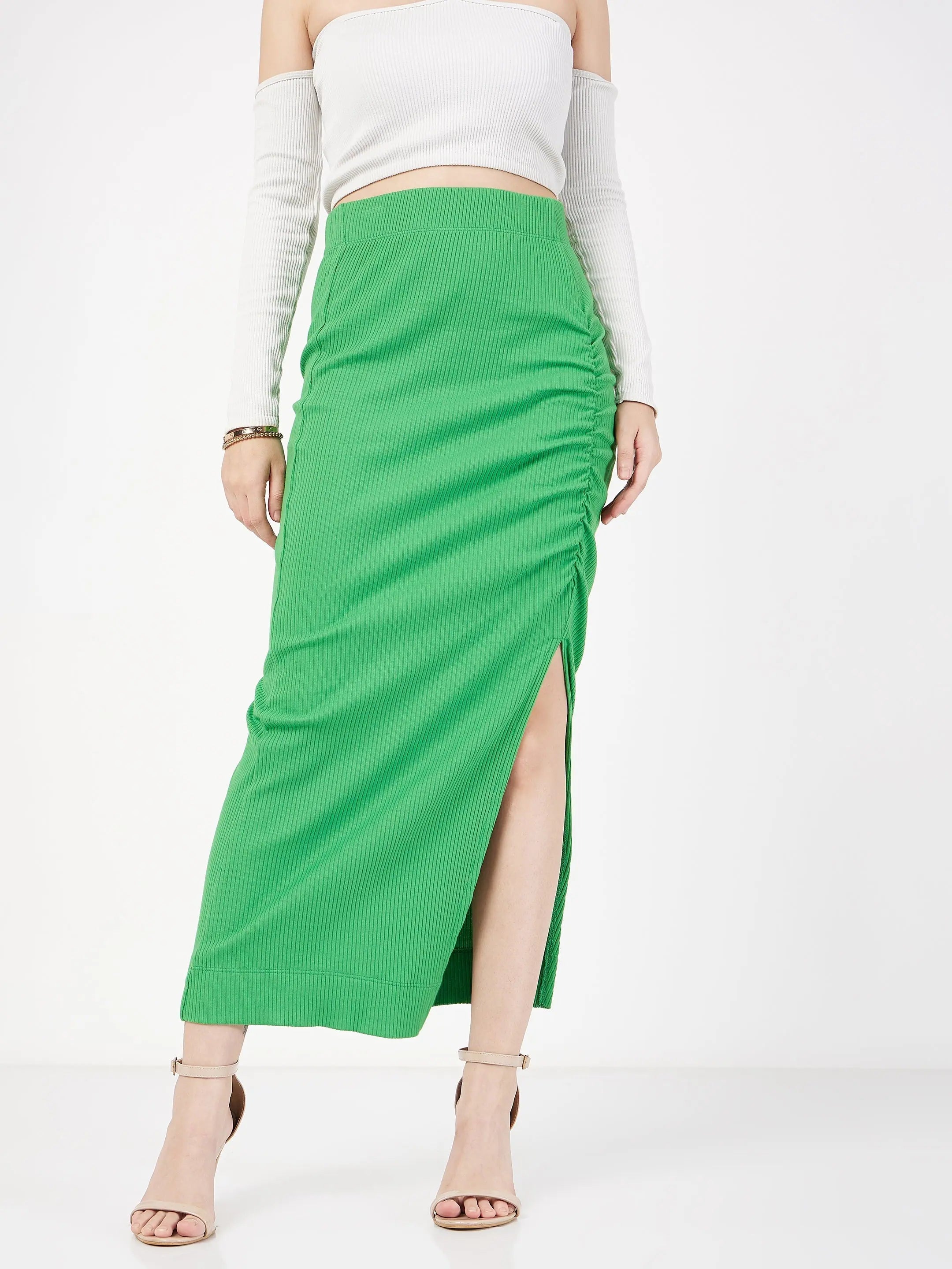 Women Green Rib Front Ruched Midi Skirt silk skirt elegant