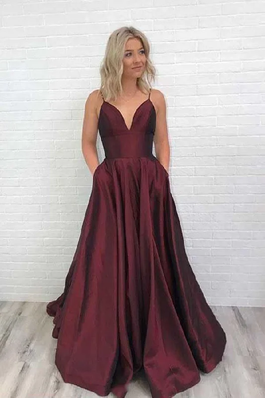 Charming Satin Burgundy Prom Dress V Neck Party Dress PG671 Crew Neckline Casual