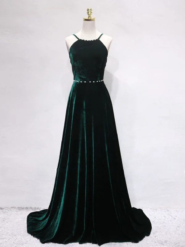 A-Line Backless Green Velvet Long Prom Dresses, Green Formal Evening Dresses Tunics Trousers formal A-Line Backless Green Velvet Long Prom Dresses, Green Formal Evening Dresses Tunics Trousers formal