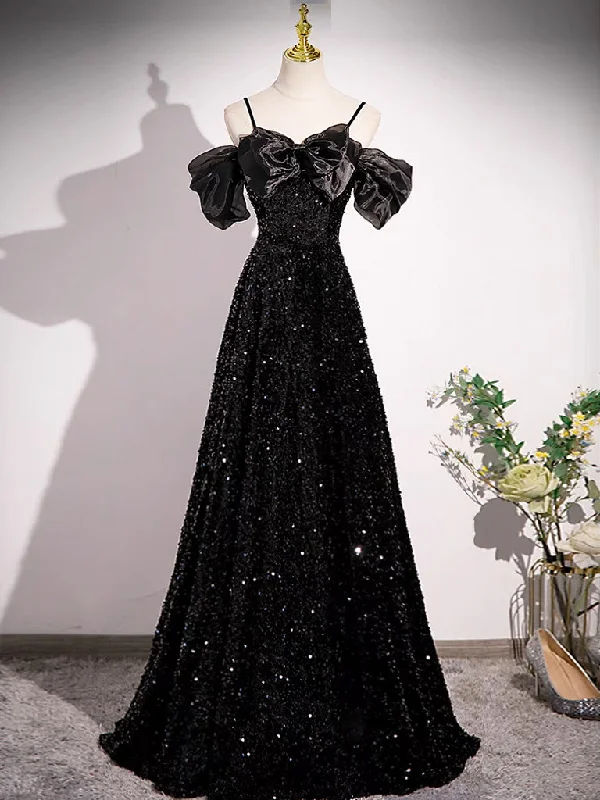 Black Off Shoulder Velvet Sequin Long Prom Dress, Black Long Evening Dress Tunics Sophisticated sleek Black Off Shoulder Velvet Sequin Long Prom Dress, Black Long Evening Dress Tunics Sophisticated sleek
