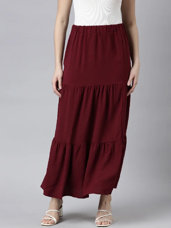 Women Solid Maroon Tiered Maxi Skirt-9925-Maroon chiffon skirt flowing