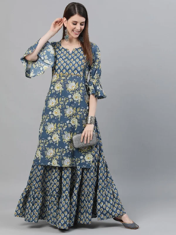 Women's Blue & Yellow Floral Printed Kurta With Skirt Set - AKS cashmere skirt fine