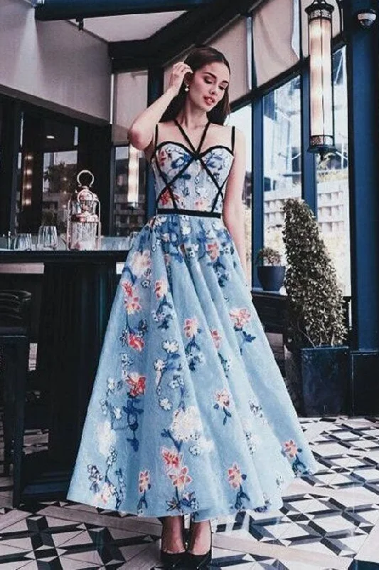 Chic Blue Floral Printed A Line Long Prom Dress Pretty Party Dresses OKG19 Tunics Handmade artisanal Chic Blue Floral Printed A Line Long Prom Dress Pretty Party Dresses OKG19 Tunics Handmade artisanal