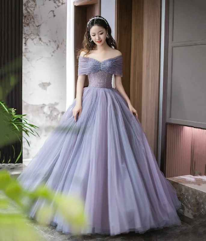 Purple Tulle Beaded Long Prom Dress, Off Shoulder Evening Party Dress Tunics Print Colorful