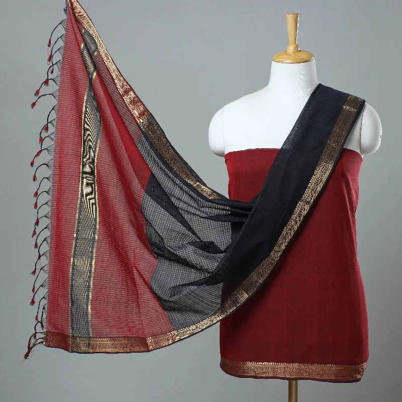 Red - 3pc Handloom Cotton Mangalagiri Dress Material 02 Tunics Winter warm