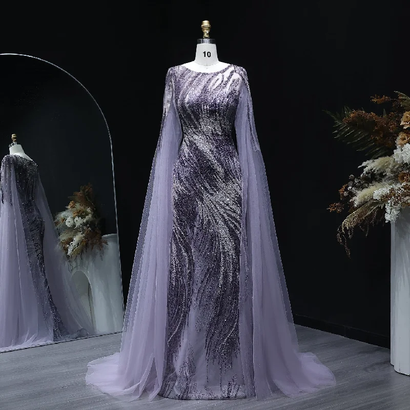 Luxury Purple Evening Dress with Cape Sleeves SS051 Turtleneck Neckline Stylish