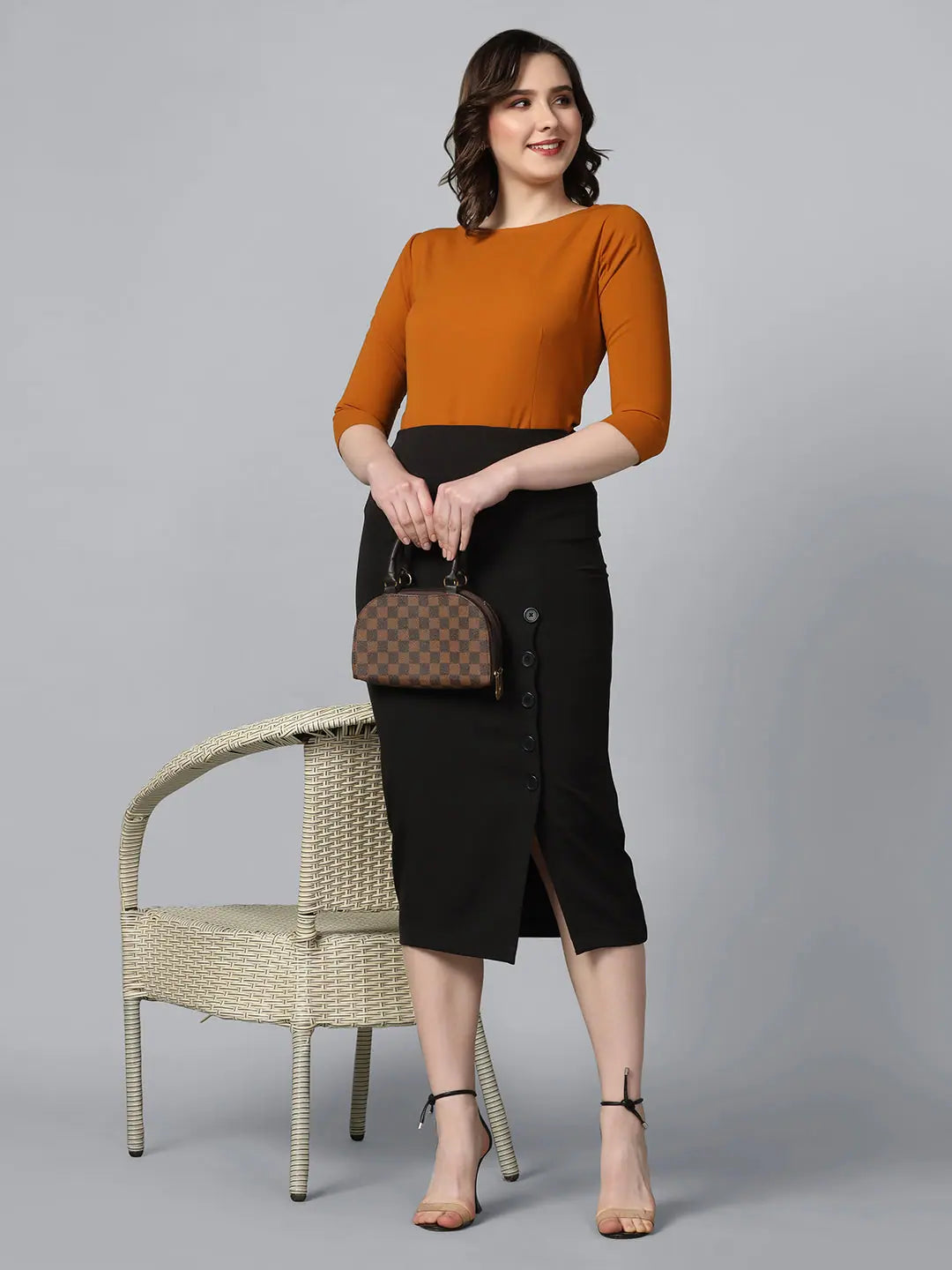 PowerSutra Black Stretch Longline Button Detail Skirt wool skirt warm