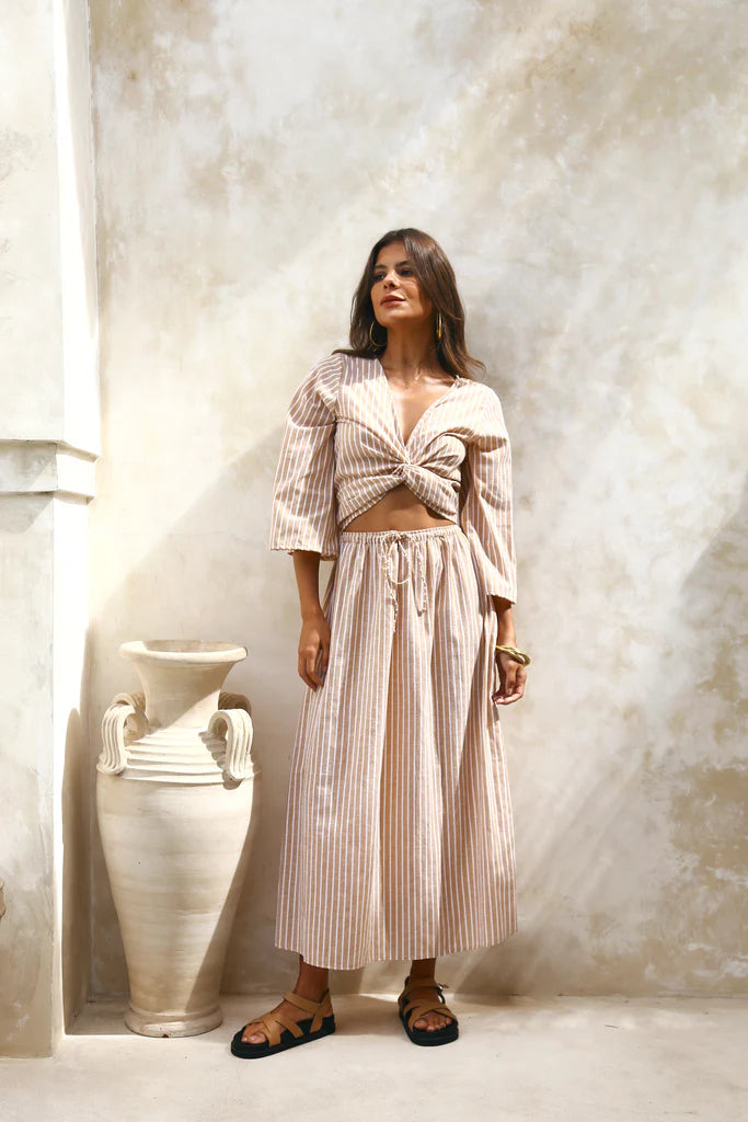 Wrap Top & Uma Skirt Tan Stripe Cotton elastic waist skirt