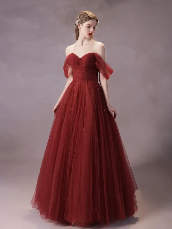 A-Line Off Shoulder Tulle Burgundy Long Prom Dress, Burgundy Long Formal Dress Tunics Versatile functional A-Line Off Shoulder Tulle Burgundy Long Prom Dress, Burgundy Long Formal Dress Tunics Versatile functional