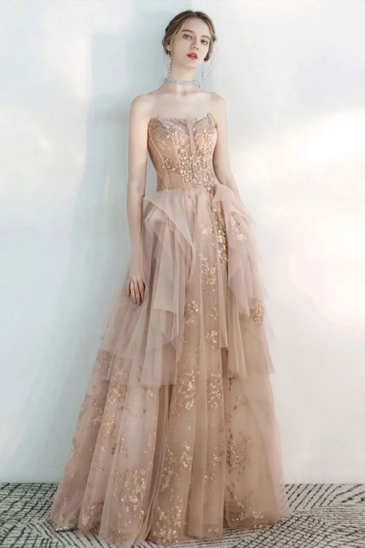 Open Back Beaded Champagne Tulle Long Prom Dresses, Champagne Formal Evening Dresses, Party Dresses Tunics Designer luxury