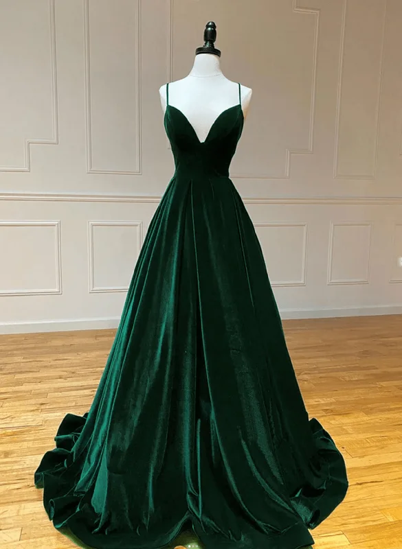Green V-neckline Straps Lace-up A-line Prom Dress, Green Velvet Long Prom Dress Floral Print girly Green V-neckline Straps Lace-up A-line Prom Dress, Green Velvet Long Prom Dress Floral Print girly