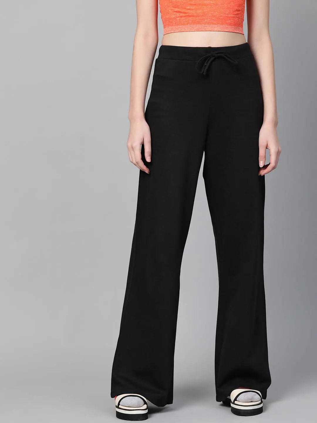 Black Terry Wide Leg Drawstring Pants Classic Straight-Leg Pants