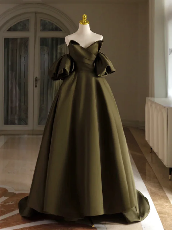 A-Line Puff Sleeves Olive Green Satin Long Prom Dress, Olive Green Long Formal Dress Tunics Chinos classic A-Line Puff Sleeves Olive Green Satin Long Prom Dress, Olive Green Long Formal Dress Tunics Chinos classic