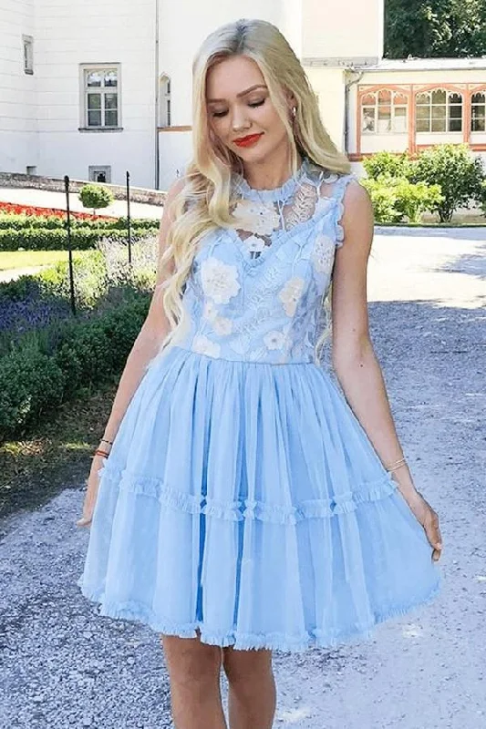 Jewel Short Blue Chiffon Homecoming Party Dress with Lace Straps Appliques Prom Dress Tunics Distressed trendy Jewel Short Blue Chiffon Homecoming Party Dress with Lace Straps Appliques Prom Dress Tunics Distressed trendy