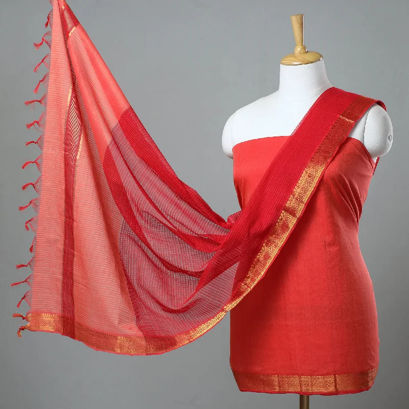 Red - 3pc Handloom Cotton Mangalagiri Dress Material 06 Tunics Formal black