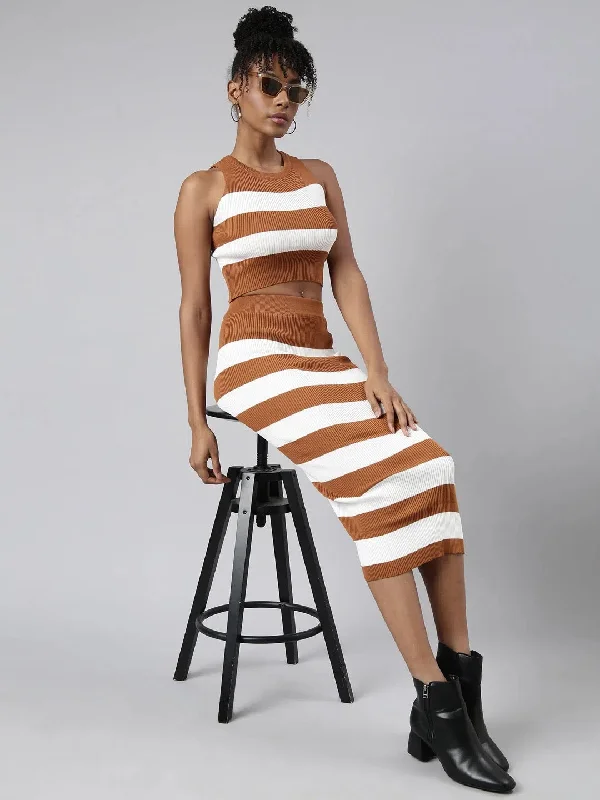 Women Brown Striped Top & Skirt Set-CHN-2370-23-Brown modal blend skirt