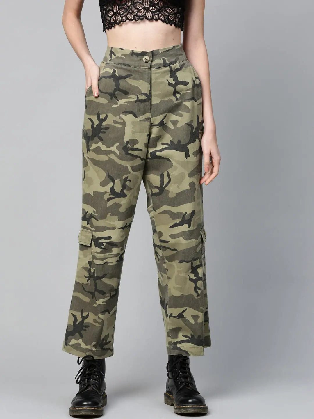 Green Camouflage Twill Side Pocket Pants Trendy Wide-Leg Pants