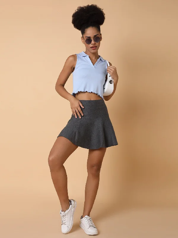 Women Solid Grey Flared Mini Skirt-TG-A-98-Grey spandex blend skirt