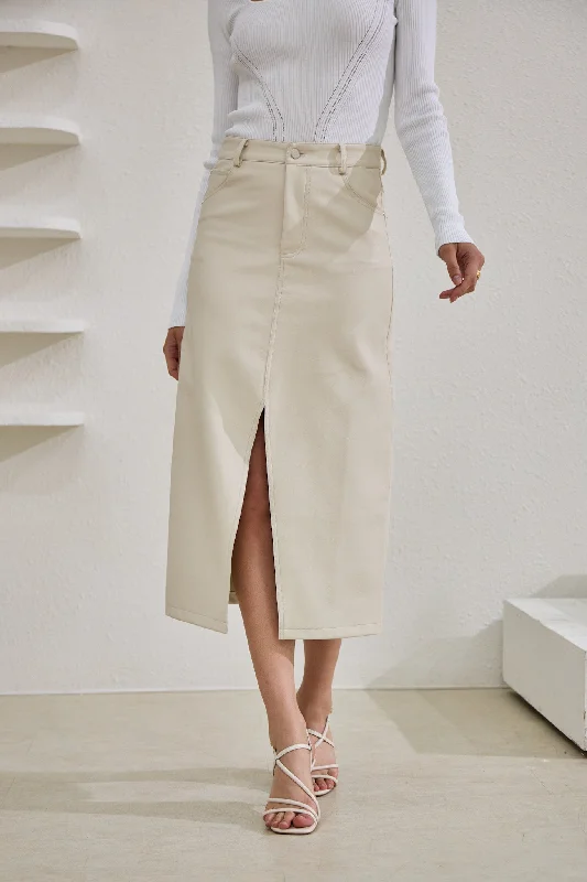 Evan Beige Faux Leather PU Midi Skirt leather skirt sleek