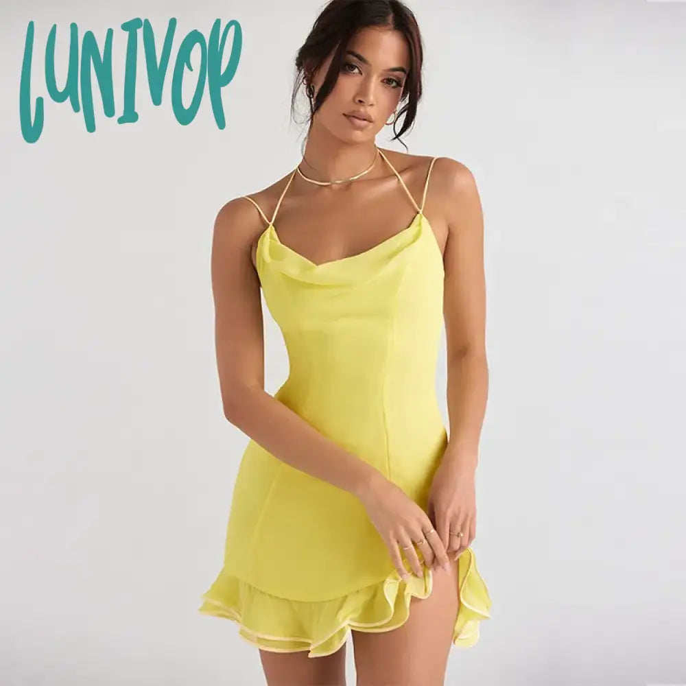 Lunivop Suninheart Summer Party Dress Yellow Mini Halter Chiffon Dress Casual Bottom Hem Dresses for Women Crew Neckline Sporty Lunivop Suninheart Summer Party Dress Yellow Mini Halter Chiffon Dress Casual Bottom Hem Dresses for Women Crew Neckline Sporty