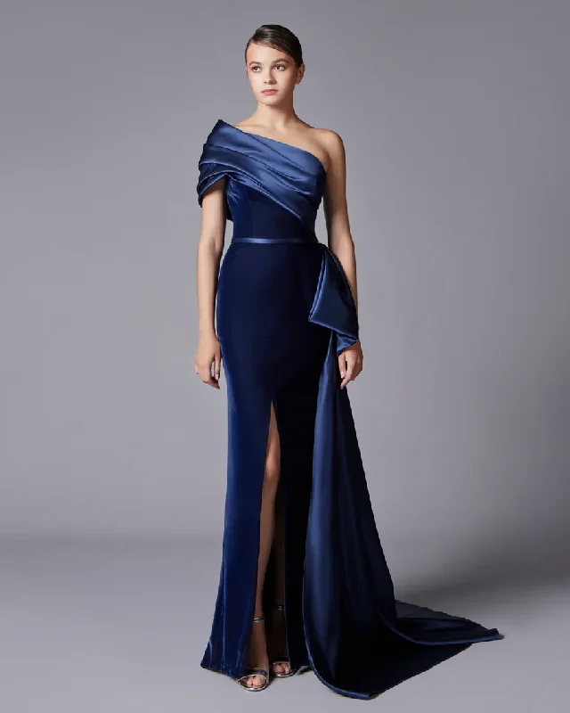 Elegant Dark Blue One Shoulder Evening Dress SF369 Tunics Satin smooth
