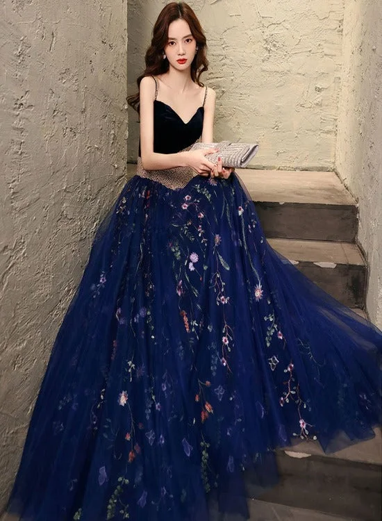 Charming Navy Blue Velvet and Tulle Floral Straps Evening Dress, Blue Formal Dress Prom Dress Tunics Formal black Charming Navy Blue Velvet and Tulle Floral Straps Evening Dress, Blue Formal Dress Prom Dress Tunics Formal black