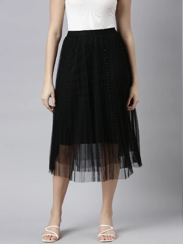 Women Solid Black Flared Midi Sheer Skirt-918-Black maxi skirt elegant