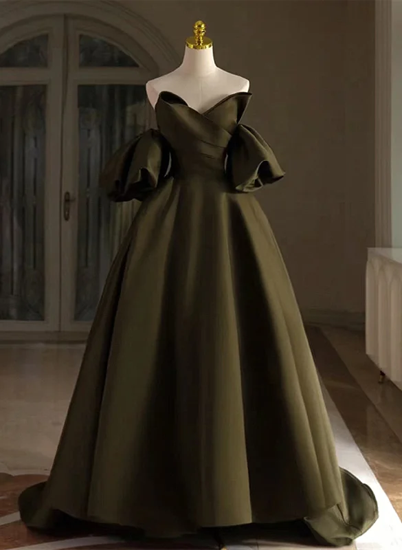 Green Satin A-line Long Prom Dress Party Dress, Green Off Shoulder Evening Dress Pleated Skirt Elegant Green Satin A-line Long Prom Dress Party Dress, Green Off Shoulder Evening Dress Pleated Skirt Elegant